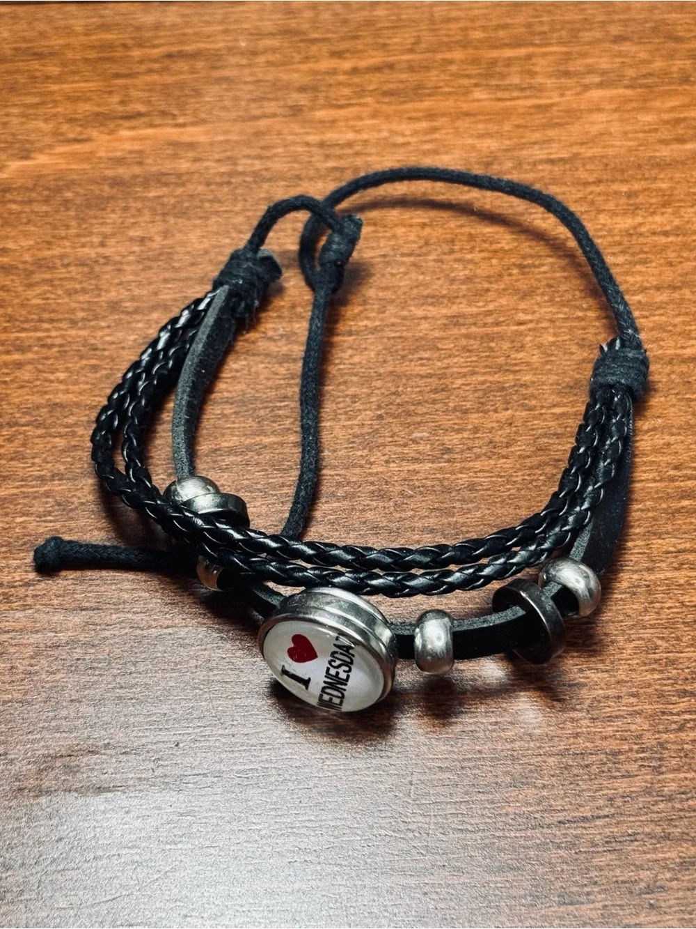 Black Braided Leather Bracelet with 'I ♥ Wednesday' Charm